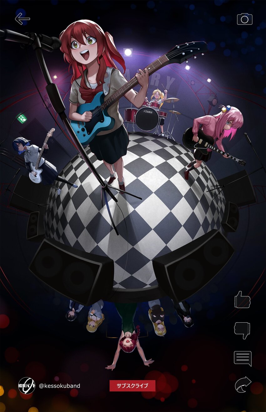 360_panorama 6+girls absurdres ahoge bass_guitar black_hair black_skirt blonde_hair blue_hair bocchi_the_rock! bow braid brown_footwear checkered_floor collared_shirt cube_hair_ornament dress drum drumsticks electric_guitar gibson_les_paul gotoh_hitori green_dress guitar hair_between_eyes hair_ornament highres hiroi_kikuri holding holding_drumsticks ijichi_nijika ijichi_seika instagram instrument iwashita_shima jacket kita_ikuyo long_hair long_sleeves medium_dress multiple_girls music one_side_up pa-san panorama pantyhose pink_hair pink_jacket playing_instrument pleated_skirt red_bow red_eyes red_hair sailor_collar school_uniform shimizu_eliza shirt short_hair side_ponytail sidelocks single_braid skirt track_jacket voodoothur white_sailor_collar white_shirt yamada_ryo