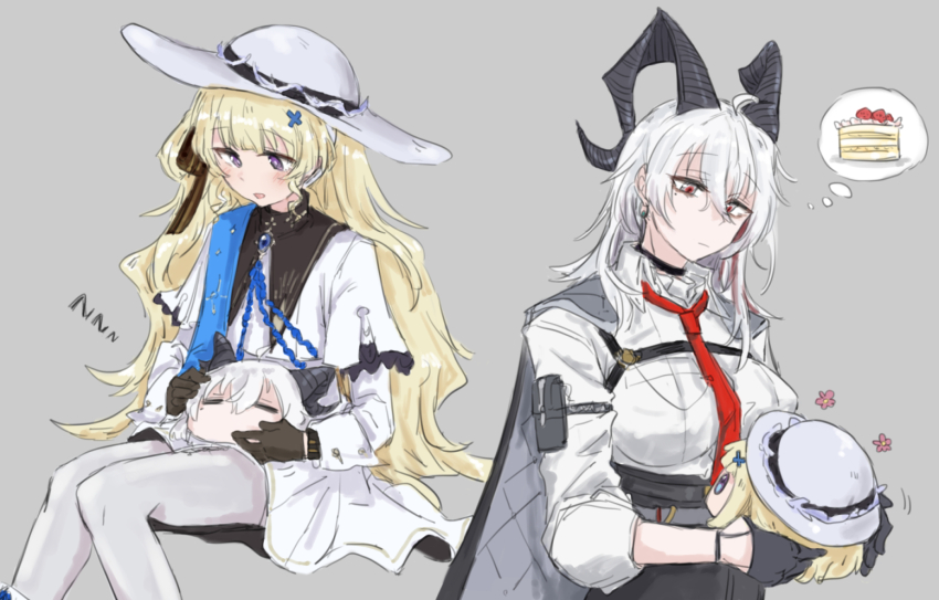 2girls aoi_(aoisaka) arm_pouch black_choker black_eyes black_gloves black_horns black_pouch blonde_hair blue_sash breasts chest_harness choker closed_mouth commentary curled_horns earrings gloves grey_background hair_between_eyes hair_ornament harness hat holding horns jewelry key_earrings large_breasts long_hair multicolored_eyes multiple_girls necktie objectification pantyhose phoebe_(wuthering_waves) purple_eyes red_eyes red_necktie sash shirt simple_background skirt smile two-tone_eyes white_hat white_pantyhose white_shirt white_skirt wuthering_waves x_hair_ornament zani_(wuthering_waves) zzz