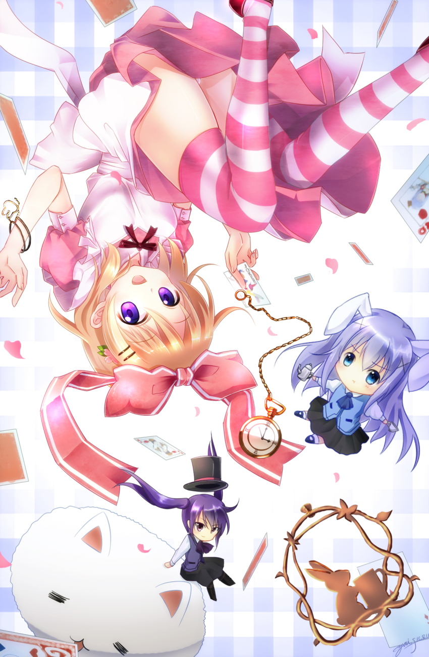 3girls alice&#039;s_adventures_in_wonderland animal_ears artist_name blonde_hair blue_eyes bow bracelet card cat chibi chocolate clock cosplay cup dated gochuumon_wa_usagi_desu_ka? hair_bow hair_ornament hairpin hat highres hoto_cocoa jewelry kafuu_chino multiple_girls open_mouth plaid_background playing_card pocket_watch purple_eyes purple_hair rabbit rabbit_house_uniform red_footwear roman_numeral shoes signature striped_clothes striped_legwear striped_thighhighs teacup teapot tedeza_rize thighhighs tippy_(gochiusa) tippy_(gochuumon_wa_usagi_desuka?) top_hat twintails upside-down upskirt watch wristband yuitsuki1206