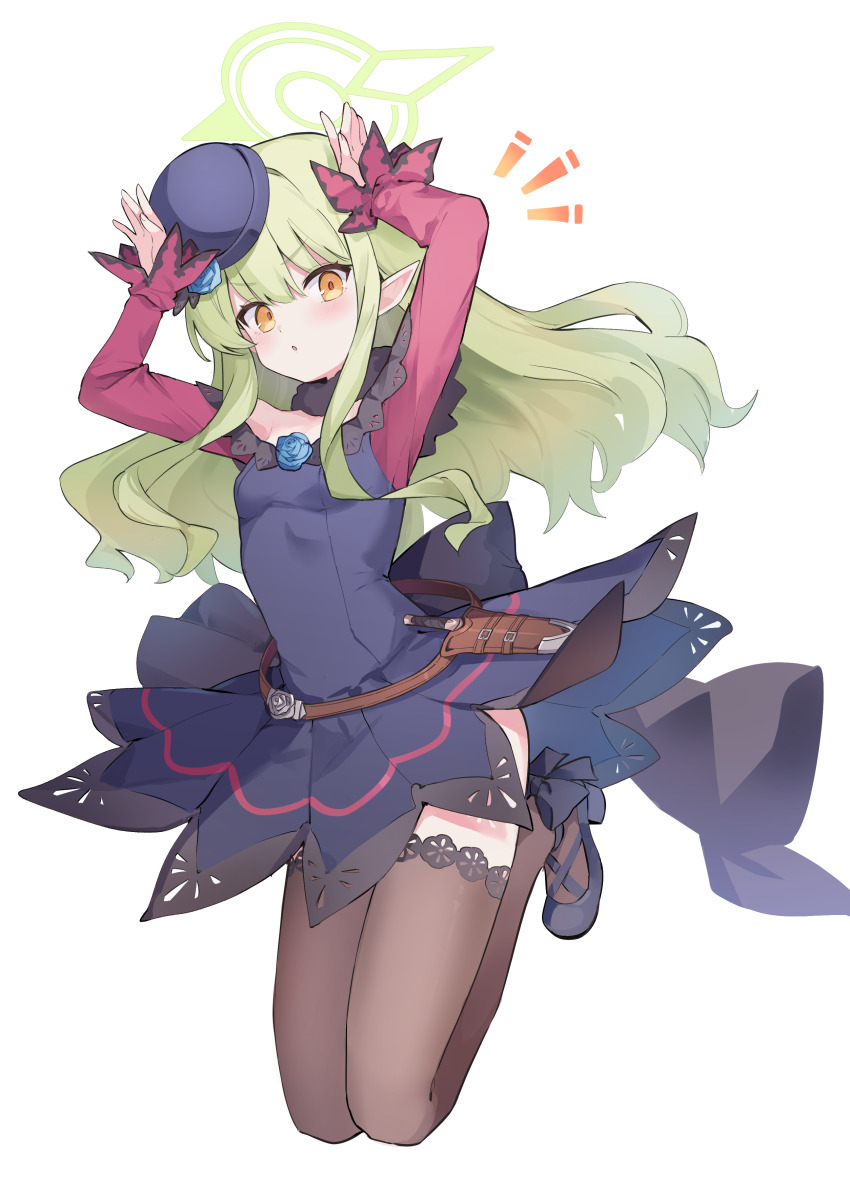 1girl absurdres arms_up blue_archive blue_flower blue_rose brown_thighhighs commentary_request cosplay dagger dress flower full_body green_hair green_halo halo hat hat_flower highres hikari_(blue_archive) iwami_manaka knife legs_folded long_hair looking_at_viewer mola_mola off-shoulder_dress off_shoulder partial_commentary pointy_ears purple_shirt rabbit_pose rice_shower_(umamusume) rice_shower_(umamusume)_(cosplay) rose shirt solo thighhighs tilted_headwear umamusume voice_actor_connection weapon