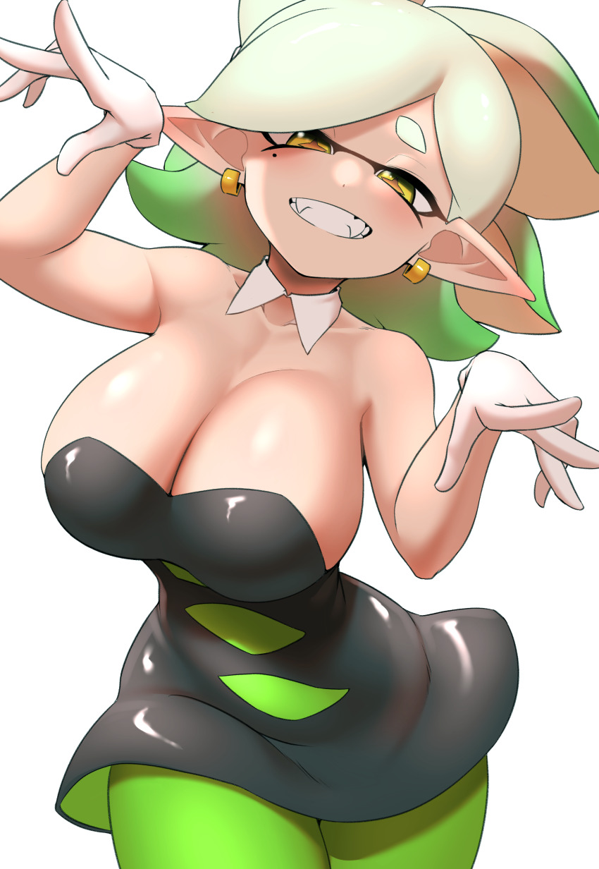 +_+ 1girl absurdres black_dress blush breasts cleavage collarbone detached_collar dress earrings fangs female_focus gradient_hair green_hair green_pantyhose half-closed_eyes head_tilt highres inkling jewelry large_breasts looking_at_viewer marie_(splatoon) mole mole_under_eye multicolored_hair nintendo pantyhose parted_lips pero_(pero7762) pointy_ears shiny_clothes short_hair simple_background smile solo splatoon_(series) standing strapless strapless_dress teeth tentacle_hair two-tone_hair white_background white_hair yellow_eyes