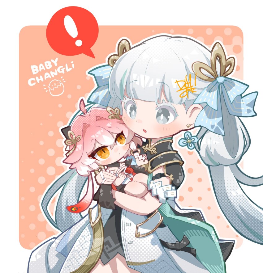 ! 2girls :o aged_down black_collar black_dress border bow bright_pupils carrying carrying_person changli_(wuthering_waves) chibi chibi_only coat collar colored_extremities colored_eyelashes commentary_request cowboy_shot dog-san dress earrings hair_bow hair_ornament highres jewelry jinhsi_(wuthering_waves) long_hair looking_at_another mini_person mole mole_on_cheek multiple_girls multiple_hair_bows open_mouth orange_background orange_eyes outside_border pink_hair red_hands spoken_exclamation_mark white_border white_bow white_coat white_eyelashes white_eyes white_hair white_pupils wuthering_waves