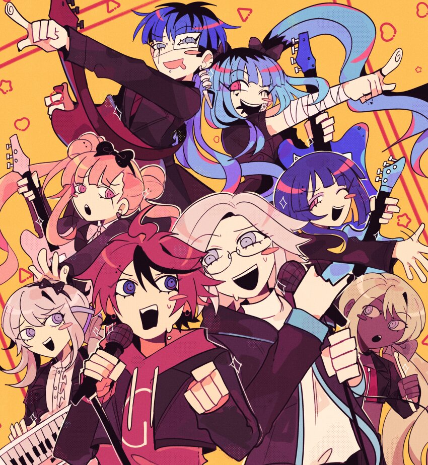 4boys 4girls :d :o absurdres amemiya_darumi aotsuki_eito ariminasan black_nails blonde_hair blue_hair blush_stickers clenched_hand commentary dark-skinned_female dark_skin english_commentary eyepatch glasses grey_eyes grey_hair guitar highres holding holding_microphone holding_microphone_stand instrument kawana_tsubasa keyboard_(instrument) kirifuji_nozomi looking_at_another microphone microphone_stand multicolored_hair multiple_boys multiple_girls omokage_yugamu one_eye_closed open_mouth pink_eyes pink_hair pointing purple_eyes purple_hair ringed_eyes roots_(hair) single_blush_sticker smile sumino_takumi teeth the_hundred_line_-last_defense_academy- tower_records tsukumo_ima tsukumo_kako upper_teeth_only yellow_background