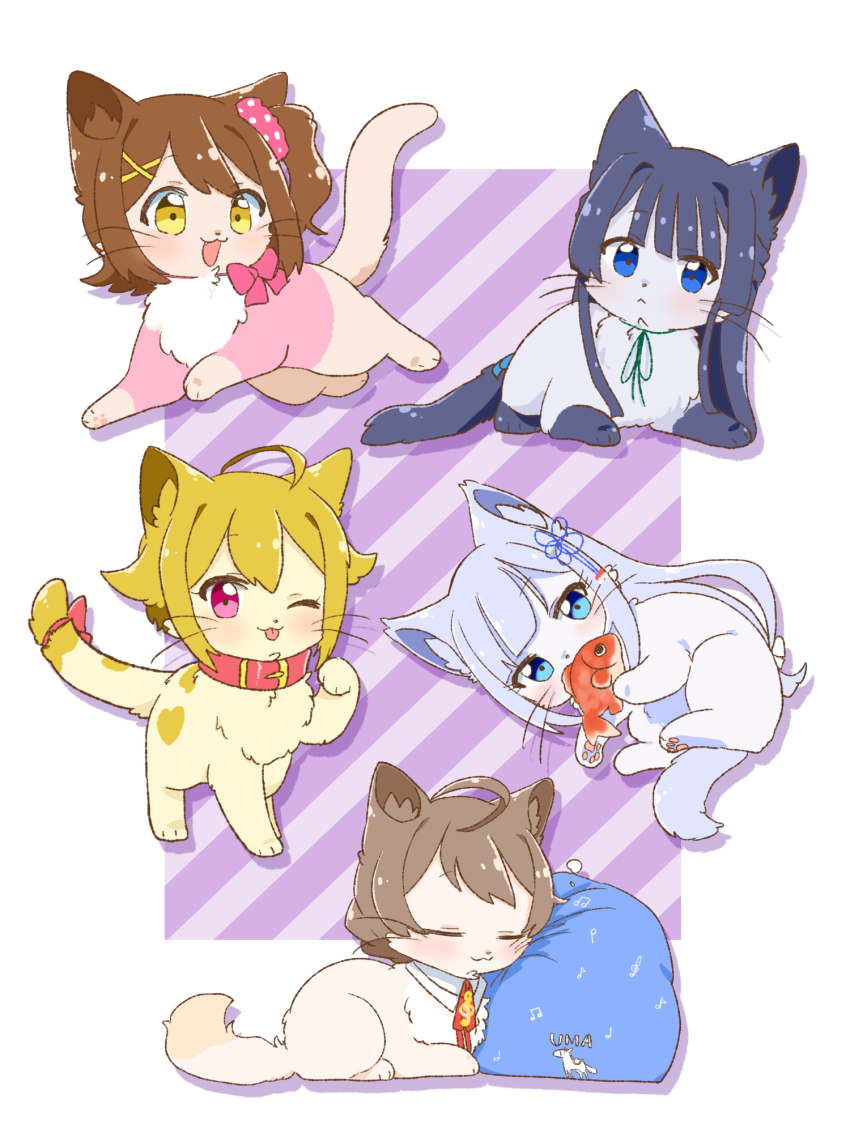 :&lt; :3 ;p ahoge animal_collar animalization black_hair blonde_hair blue_eyes blue_hair border braid brown_eyes brown_hair cat closed_eyes closed_mouth collar commentary_request diagonal-striped_background fish hair_flaps hair_ornament hair_scrunchie hairclip highres hutaba ibuki_tsubasa idolmaster idolmaster_million_live! kasuga_mirai long_hair looking_at_viewer lying mogami_shizuka no_humans one_eye_closed one_side_up open_mouth pillow pink_eyes pink_scrunchie purple_background red_collar ribbon sakuramori_kaori scrunchie shiraishi_tsumugi short_hair sleeping smile striped_background tail tail_ornament tail_ribbon tongue tongue_out white_border
