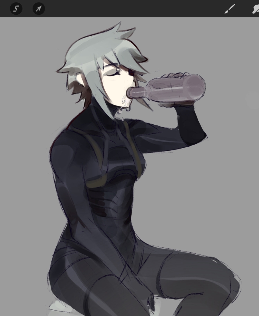 1girl alcohol art_program_in_frame between_legs black_bodysuit bodysuit bottle breasts closed_eyes commentary cowboy_shot decayedparasite drinking grey_background grey_hair hand_between_legs hand_up hashtag-only_commentary highres holding holding_bottle marie_(peripeteia) peripeteia short_hair sidelocks simple_background sitting sketch small_breasts solo three_quarter_view