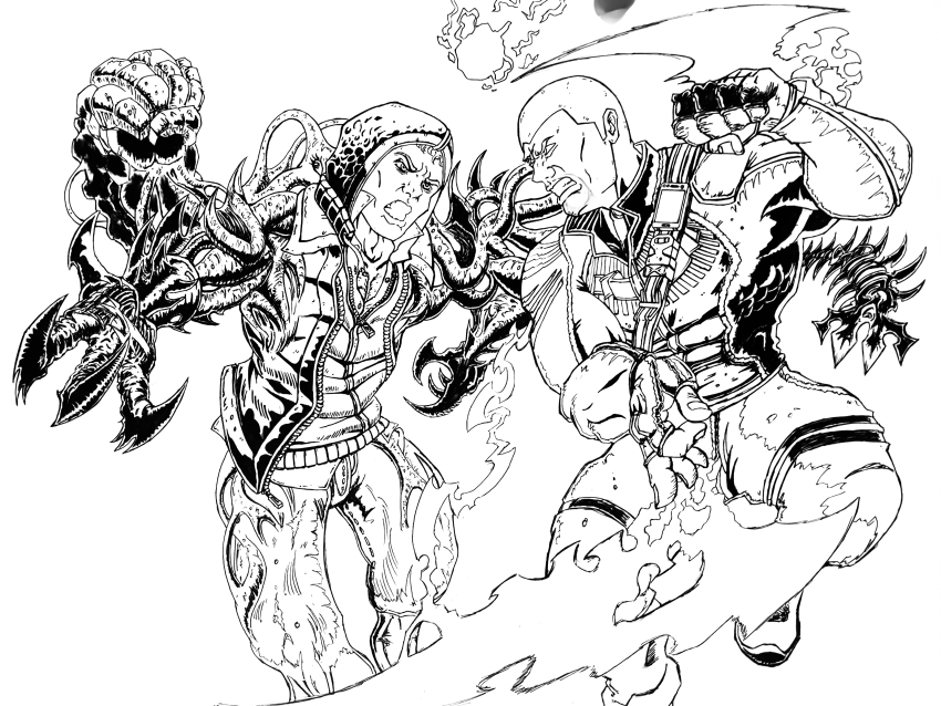 2boys absurdres alex alex_mercer battle belpherith black_claws cole_macgrath comic commentary_request crossover death_battle duel electricity evil_grin evil_smile grin highres hood hooded_jacket hoodie infamous ink jacket lighting_firework md5_mismatch multiple_boys prototype_(game) resolution_mismatch shoulder_spikes smile source_smaller spikes western_comics_(style) white_background