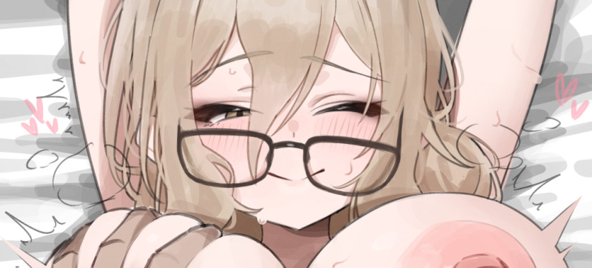 1boy 1girl akane_(blue_archive) arms_up blonde_hair blue_archive breasts glasses grabbing_another&#039;s_breast groping heart implied_sex large_breasts long_hair nipples one_eye_closed solo_focus yzr_(yzr99)