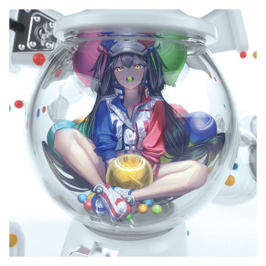 1girl 3d balloon black_hair border butterfly_sitting commentary_request gesoking hair_between_eyes hair_ornament hat highres in_container jacket long_hair mouth_hold original shoes shorts sitting sleeves_rolled_up solo two_side_up white_border winding_key yellow_eyes