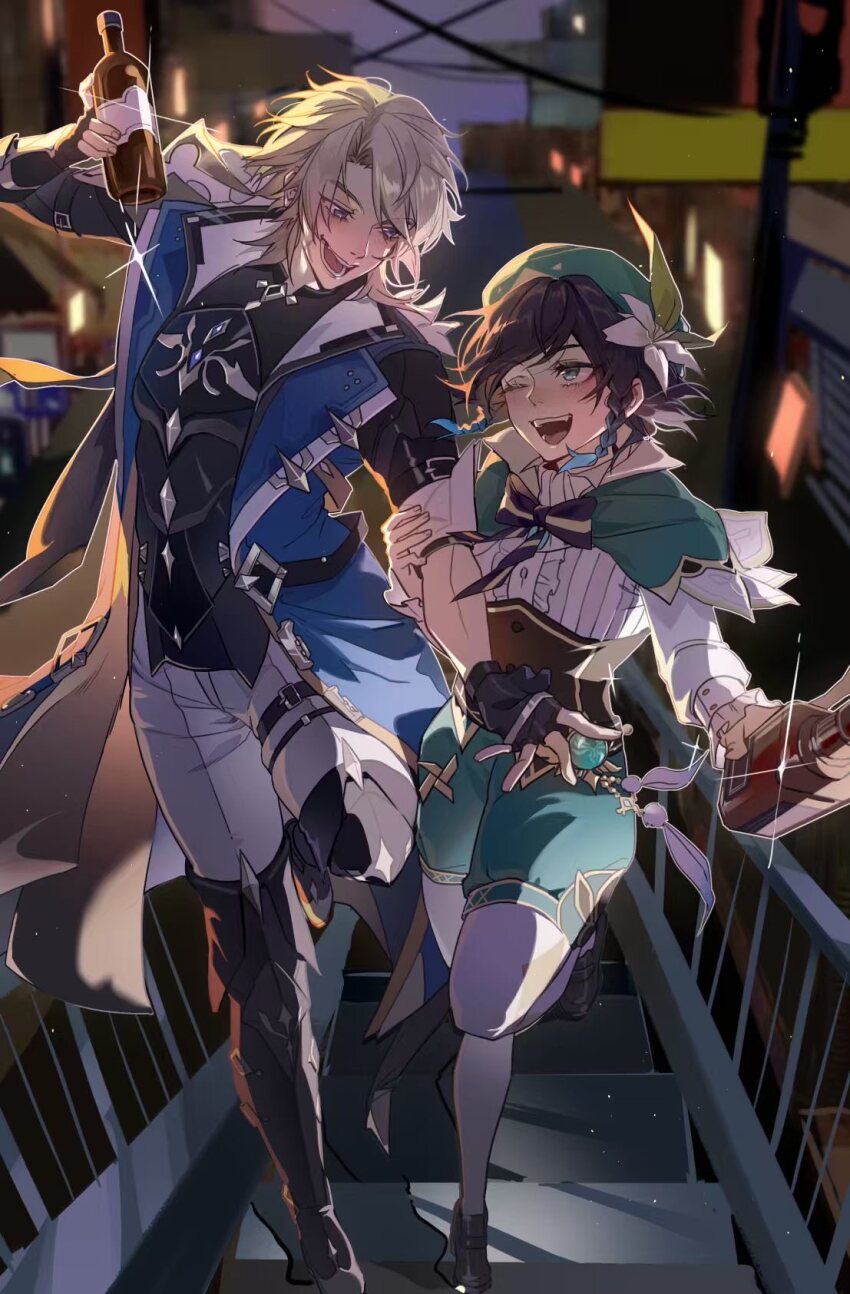 2boys :d armor beret black_gloves black_hair black_shirt blonde_hair blue_eyes boots bottle braid braided_sidelock breastplate capelet coat drunk fingerless_gloves genshin_impact glint gloves green_capelet green_eyes green_hat green_shorts hat highres holding holding_another&#039;s_arm holding_bottle loafers looking_at_another multiple_boys one_eye_closed open_clothes open_coat open_mouth pants pantyhose scar shirt shoes short_hair shorts sleeveless sleeveless_coat smile stairs standing standing_on_one_leg thigh_boots twin_braids varka_(genshin_impact) venti_(genshin_impact) vision_(genshin_impact) viviwi white_pants white_pantyhose