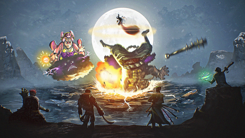 1girl 6+boys attack cape charlotte_linlin club club_(weapon) commentary crack cracked_floor energy english_commentary eustass_kid explosion floating frontstabb3r full_moon giant giant_male giantess hat helm helmet highres japanese_clothes jolly_roger kaidou_(one_piece) kanabou katana killer_(one_piece) kimono lipstick long_hair looking_at_another makeup metal monkey_d._luffy moon motion_blur multiple_boys muscular muscular_male napoleon_(one_piece) night night_sky old old_woman one_piece open_mouth outdoors pants pink_hair pirate_hat prometheus_(one_piece) prosthesis prosthetic_arm punching roronoa_zoro scabbard sheath sheathed short_hair sitting size_difference skull_and_crossed_swords sky spiked_club standing sword topless_male trafalgar_law very_long_hair weapon