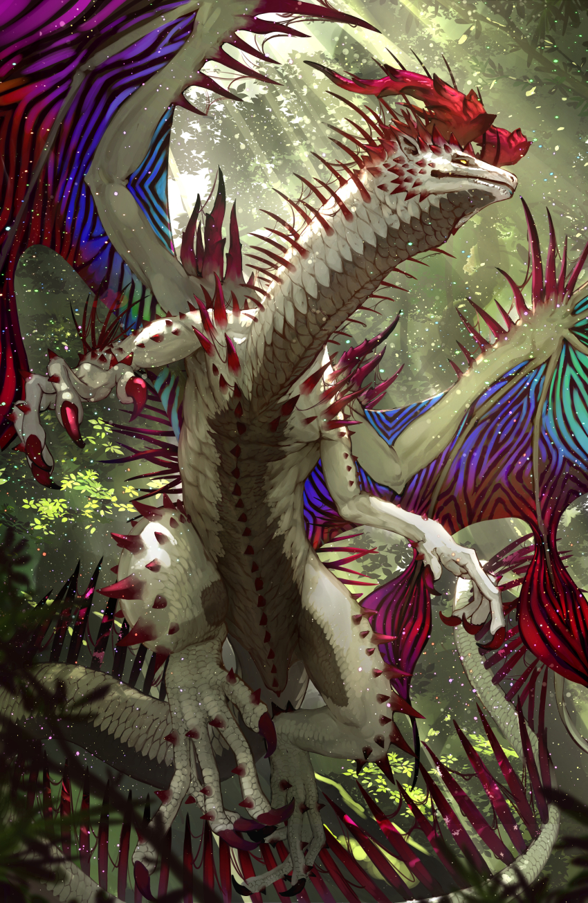 absurdres claws closed_mouth dragon dragon_horns dragon_tail dragon_wings highres horns light_rays monster original solo sunlight tagme tail thorns white_scales wings yellow_eyes yumo80295386