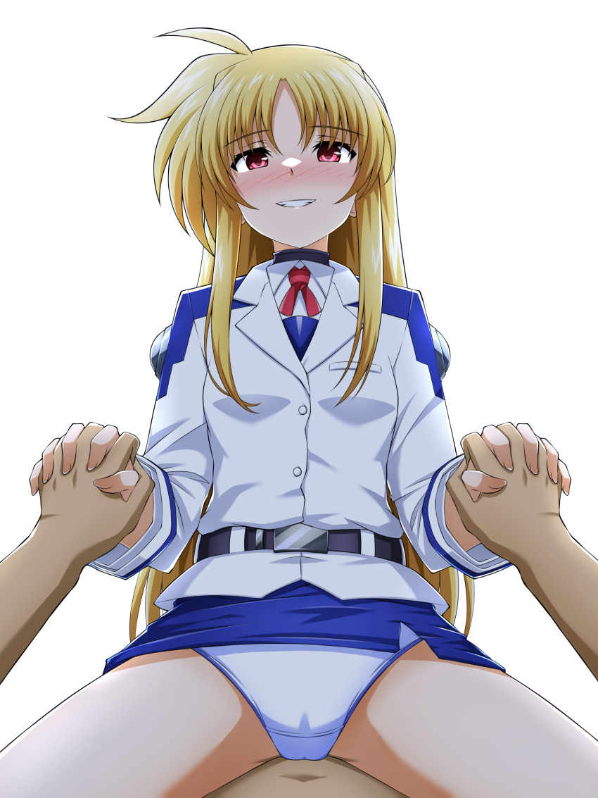 ahoge alternate_costume alternate_hairstyle belt belt_buckle blonde_hair blush buckle cameltoe eyebrows_hidden_by_hair fate_testarossa grin hair_down highres holding_hands long_hair long_sleeves looking_at_viewer lyrical_nanoha mahou_shoujo_lyrical_nanoha oshimaru026 panties pencil_skirt red_eyes red_ribbon ribbon sidelocks simple_background skirt smile straddling tsab_air_military_uniform underwear very_long_hair white_background white_panties