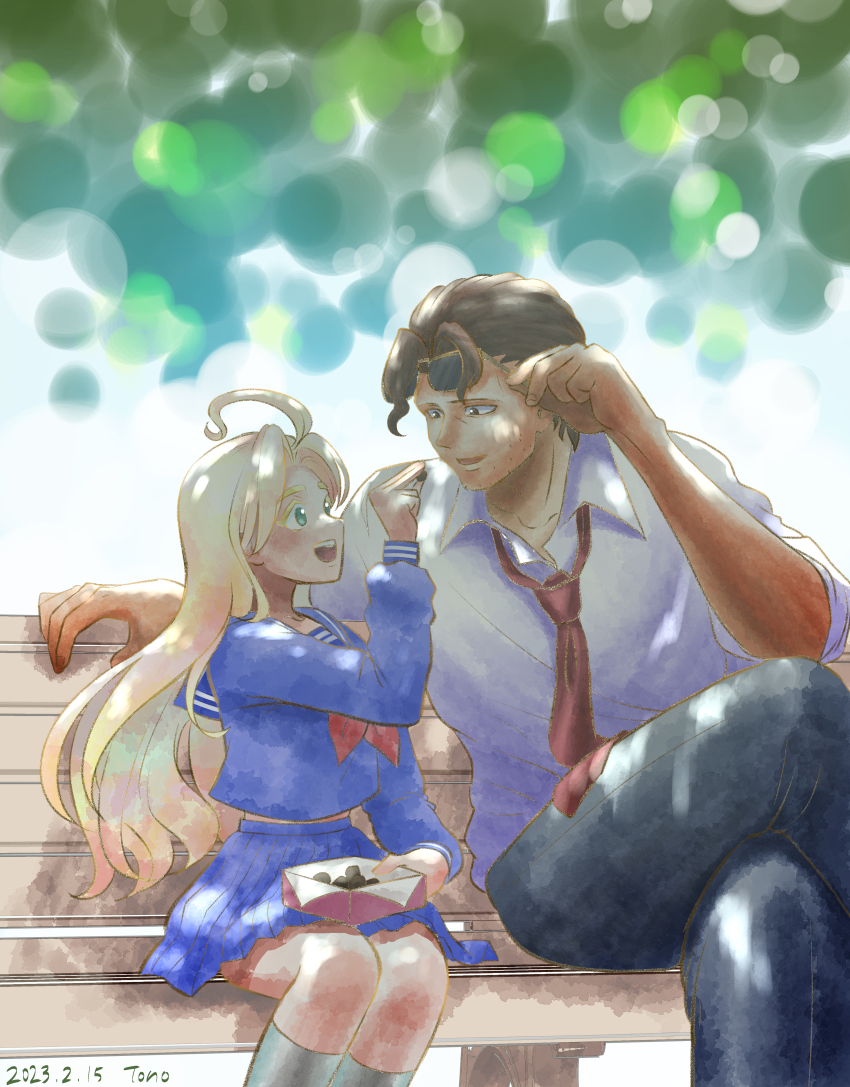 1boy 1girl absurdres ahoge bench billy_alfred black_socks blonde_hair blue_serafuku blue_skirt brown_eyes crossed_legs dated day eye_contact feeding hetero highres kneehighs long_hair long_sleeves looking_at_another neckerchief necktie outdoors red_neckerchief red_necktie school_uniform serafuku shirt skirt socks tatiana_(undead_unluck) tono0185 undead_unluck white_shirt