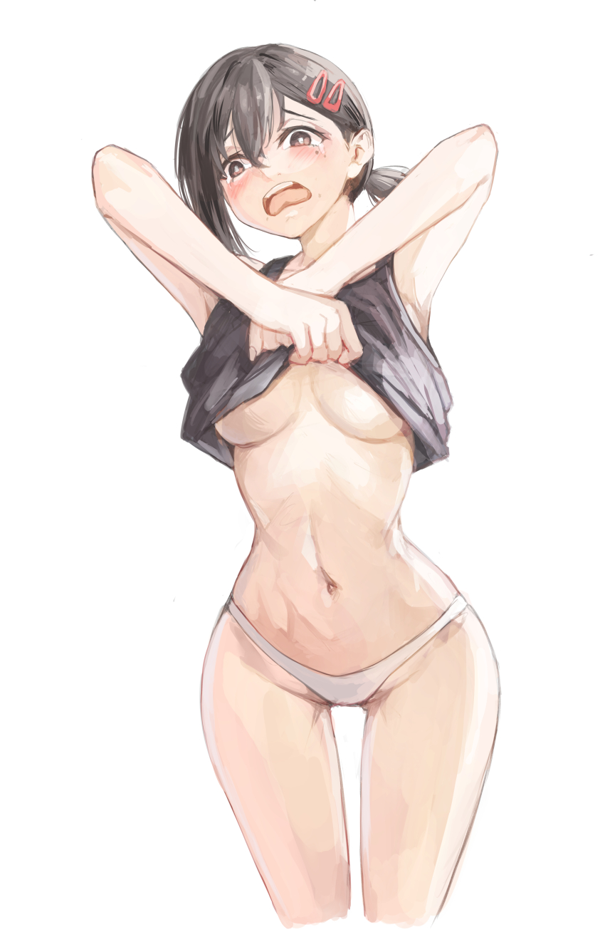 1girl absurdres black_hair breasts brown_eyes chainsaw_man clothes_lift hair_ornament hairclip higashiyama_kobeni highres lifting_own_clothes medium_breasts navel nui_gurumi open_mouth panties ponytail shirt_lift solo underwear white_panties