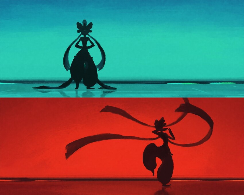 2013 ambiguous_gender arms_behind_back barefoot blue_background blue_sky blue_theme chris_hohl commentary contrast english_commentary extra_arms fighting_stance full_body gameplay_mechanics gen_3_pokemon medicham mega_medicham mega_pokemon multiple_views nintendo no_humans no_shirt pokemon pokemon_(creature) puffy_pants red_background red_sky red_theme reflection reflective_floor sarashi silhouette simple_background sky solo_focus standing standing_on_one_leg third-party_edit three_fingers turban