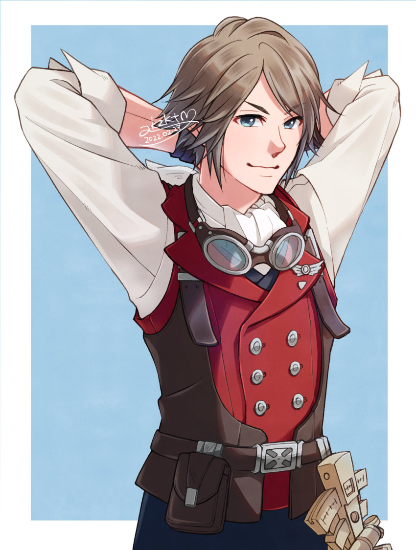 1boy akzk_kh arms_behind_head ascot blue_background blue_eyes blue_pants brown_hair buttons dissidia_final_fantasy dissidia_final_fantasy_nt dissidia_final_fantasy_opera_omnia final_fantasy final_fantasy_xii gloves goggles goggles_around_neck harness highres official_alternate_costume pants parted_bangs red_vest shirt short_hair sleeves_rolled_up smile solo steampunk upper_body vaan_(ff12) vest white_shirt