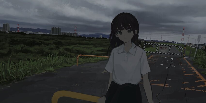1girl :| absurdres arms_at_sides black_eyes black_hair black_skirt closed_mouth cowboy_shot day expressionless field grass highres landscape long_bangs long_hair looking_at_viewer mountainous_horizon nature original orval outdoors overcast polo_shirt railing road road_sign shirt shirt_tucked_in short_sleeves sign skirt sky solo transformer white_shirt wispy_bangs