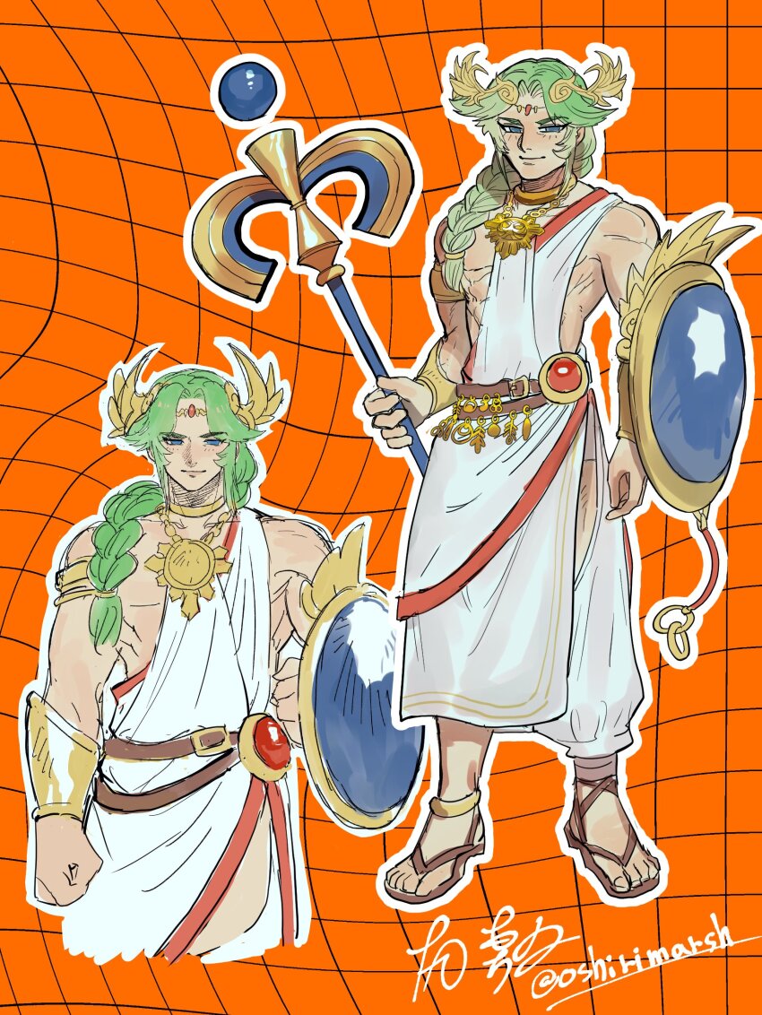 1boy absurdres ancient_greek_clothes arm_shield armlet bare_shoulders blue_eyes bracelet braid braided_ponytail buckler chiton circlet dancho_no_mori forehead_jewel full_body genderswap genderswap_(ftm) gold_anklet gold_bracelet gold_necklace greco-roman_clothes green_hair grid highres jewelry kid_icarus kid_icarus_uprising laurel_crown long_hair looking_at_viewer low_ponytail mage_staff male_focus muscular muscular_male neck_ring necklace nintendo orange_background palutena parted_bangs ponytail shield single_braid smile staff standing super_smash_bros. vambraces