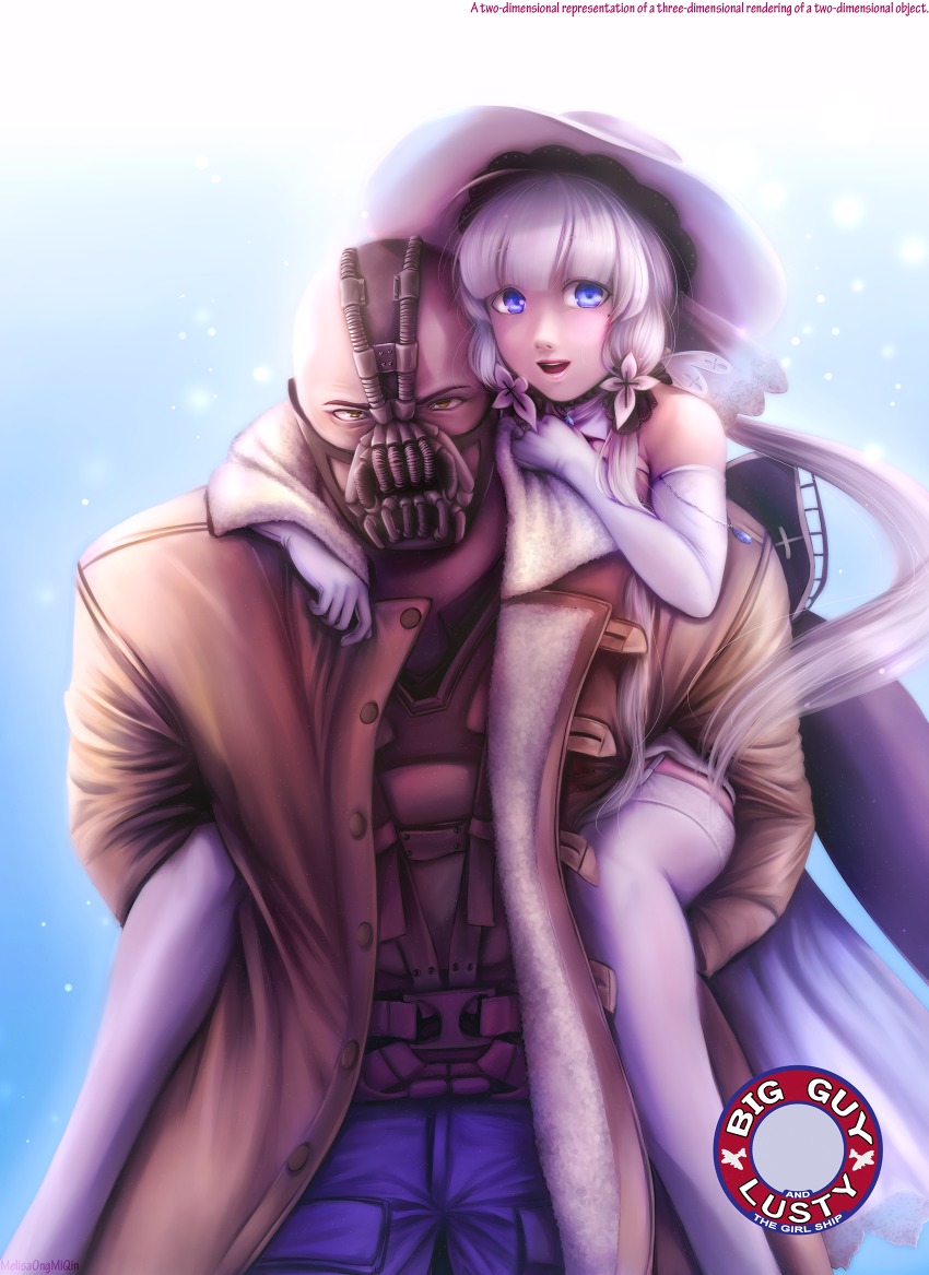 1boy 1girl azur_lane bald bane batman_(series) big_guy_and_rusty_the_boy_robot blue_eyes blue_pants blunt_bangs carrying character_name coat commentary commission copyright_name crossover dc_comics elbow_gloves english_text fur_coat garter_straps gloves hat highres illustrious_(azur_lane) jewelry lace long_sleeves looking_at_viewer mask melisaongmiqin meme mole mole_under_eye name_connection necklace open_mouth pants parody piggyback pun smile sun_hat teeth the_dark_knight_rises thighhighs title_parody tri_tails white_hair white_hat white_thighhighs yellow_eyes