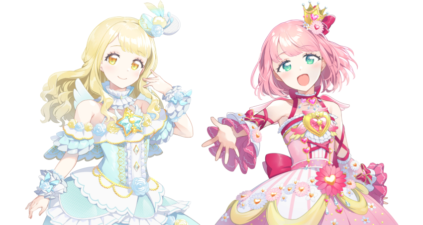 2girls :d bare_shoulders blonde_hair blue_dress blue_eyes blue_hat cowboy_shot crown detached_sleeves dress frilled_dress frills green_eyes hand_up hat idol_clothes kiratto_pri_chan long_hair looking_at_viewer mini_crown mini_hat multiple_girls nabeshima_(pon_nbsm) open_mouth pink_dress pink_hair player_character_(kiratto_pri_chan) pretty_series reaching reaching_towards_viewer short_hair simple_background smile standing star_(symbol) star_print white_background wrist_cuffs yellow_eyes