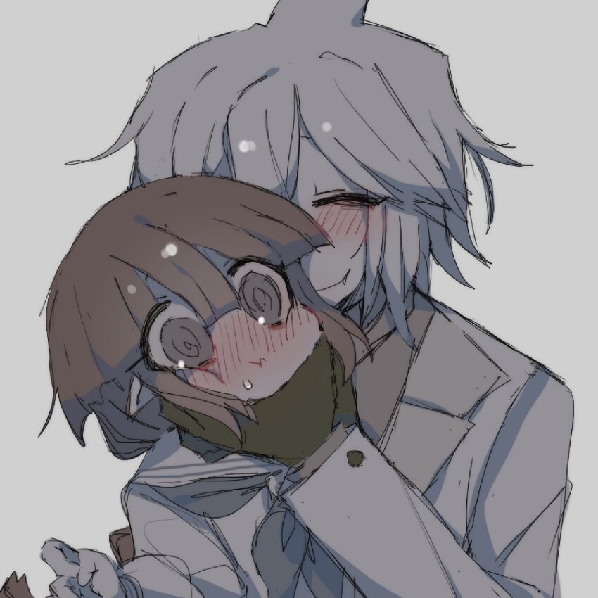 1boy 1girl black_gloves blush braid brown_hair cheek_squash closed_eyes closed_mouth colored_skin deliriumcenter fang fang_out fins formal_clothes funamusea gloves grey_eyes grey_neckerchief head_fins highres jpeg_artifacts long_hair neckerchief oounabara_to_wadanohara pointy_ears sailor_collar school_uniform serafuku shark_fin short_hair sidelocks simple_background suit syakesan_(funamusea) wadanohara white_background white_hair white_sailor_collar white_serafuku white_skin white_suit wide-eyed