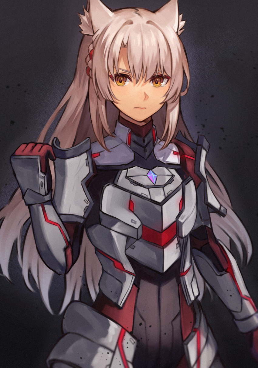 1girl 20060715 absurdres animal_ear_fluff animal_ears arm_up armor black_background black_bodysuit bodysuit cat_ears cat_girl clenched_hand closed_mouth commentary_request expressionless grey_hair hair_between_eyes highres long_hair m_(xenoblade) red_bodysuit solo two-tone_bodysuit xenoblade_chronicles_(series) xenoblade_chronicles_3 yellow_eyes