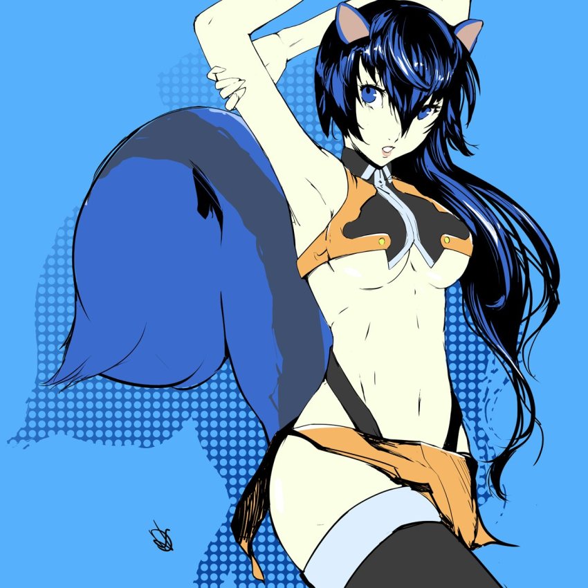 1girl alternate_hair_length alternate_hairstyle animal_ears armpits arms_up bare_shoulders black_panties black_thighhighs blazblue blue_background blue_eyes blue_hair blue_tail breasts cosplay cowboy_shot cropped_vest dh_(brink_of_memories) groin highleg highleg_panties highres long_hair looking_at_viewer makoto_nanaya makoto_nanaya_(cosplay) microskirt midriff navel open_mouth orange_skirt orange_vest panties persona persona_4 persona_x_detective revealing_clothes shadow shirogane_naoto signature simple_background skirt soejima_shigenori_(style) solo squirrel_ears squirrel_girl squirrel_tail standing stretching tail thighhighs thighs third-party_source toned underboob underwear vest