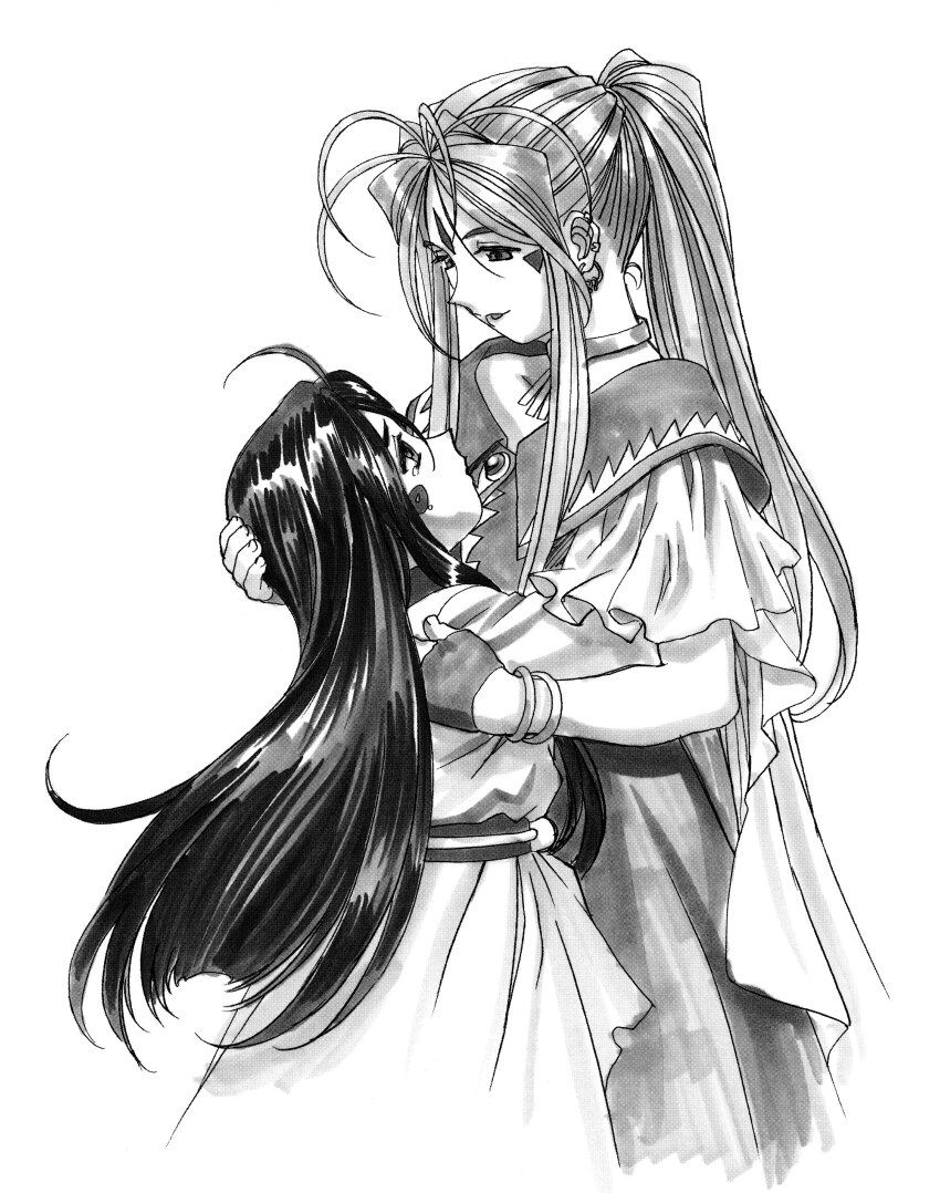 2girls aa_megami-sama absurdres antenna_hair belldandy black_hair crying crying_with_eyes_open facial_mark forehead_mark greyscale hand_on_another&#039;s_head highres hug jewelry long_hair looking_up matsubara_hidenori monochrome multiple_girls non-web_source official_art ponytail scan siblings sisters skuld_(aa_megami-sama) smile tears
