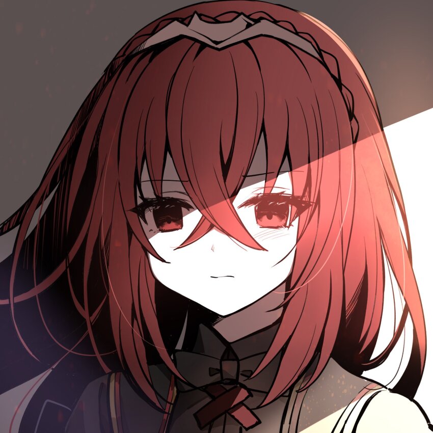 1girl alear_(fell_dragon)_(fire_emblem) alear_(female)_(fire_emblem) closed_mouth crossed_bangs expressionless fire_emblem fire_emblem_engage hair_between_eyes highres long_hair looking_at_viewer mikasa-01 nintendo red_eyes red_hair solo tiara upper_body
