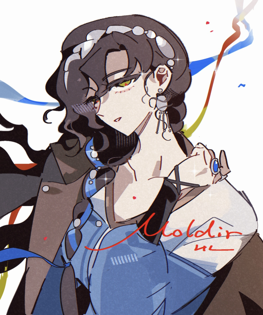 1girl black_hair blue_gemstone blue_shirt brown_coat character_name coat coat_on_shoulders gem green_eyes hair_ornament hand_up highres hl_(iamawhitehippo) jewelry long_hair looking_at_viewer moldir_(reverse:1999) parted_lips reverse:1999 ring shirt solo upper_body white_background