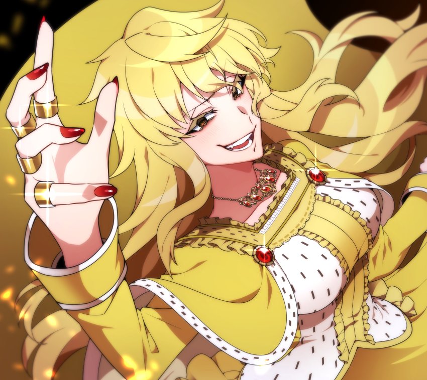 1girl ahoge blonde_hair breasts brown_eyes cape colored_eyelashes commission cowlick dress fangs floating_hair gem hand_up highres isabeau_de_baviere_(madoka_magica) jewelry kamenozoki_momomo large_breasts light_particles long_dress long_hair long_sleeves magia_record:_mahou_shoujo_madoka_magica_gaiden magical_girl mahou_shoujo_madoka_magica mahou_shoujo_tart_magica mature_female messy_hair multiple_rings nail_polish necklace open_mouth parted_lips queen red_gemstone red_nails ring ringed_eyes royal_robe skeb_commission smile solo tall_female teeth wavy_hair yellow_dress