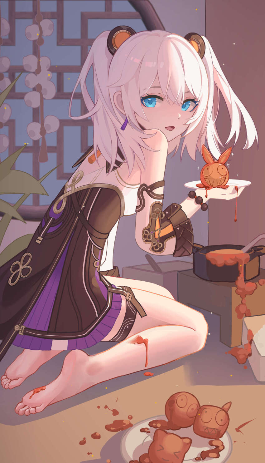 1girl absurdres ai_dongdong architecture bare_shoulders barefoot blue_eyes commentary_request cooking cooking_pot dress east_asian_architecture from_behind hair_ornament highres holding holding_plate honkai_(series) honkai_impact_3rd indoors looking_back medium_hair messy official_alternate_costume open_mouth plate round_window sitting theresa_apocalypse toes twintails white_hair window zhuge_kongming_(honkai_impact) zhuge_kongming_(startold_fortune)_(honkai_impact)