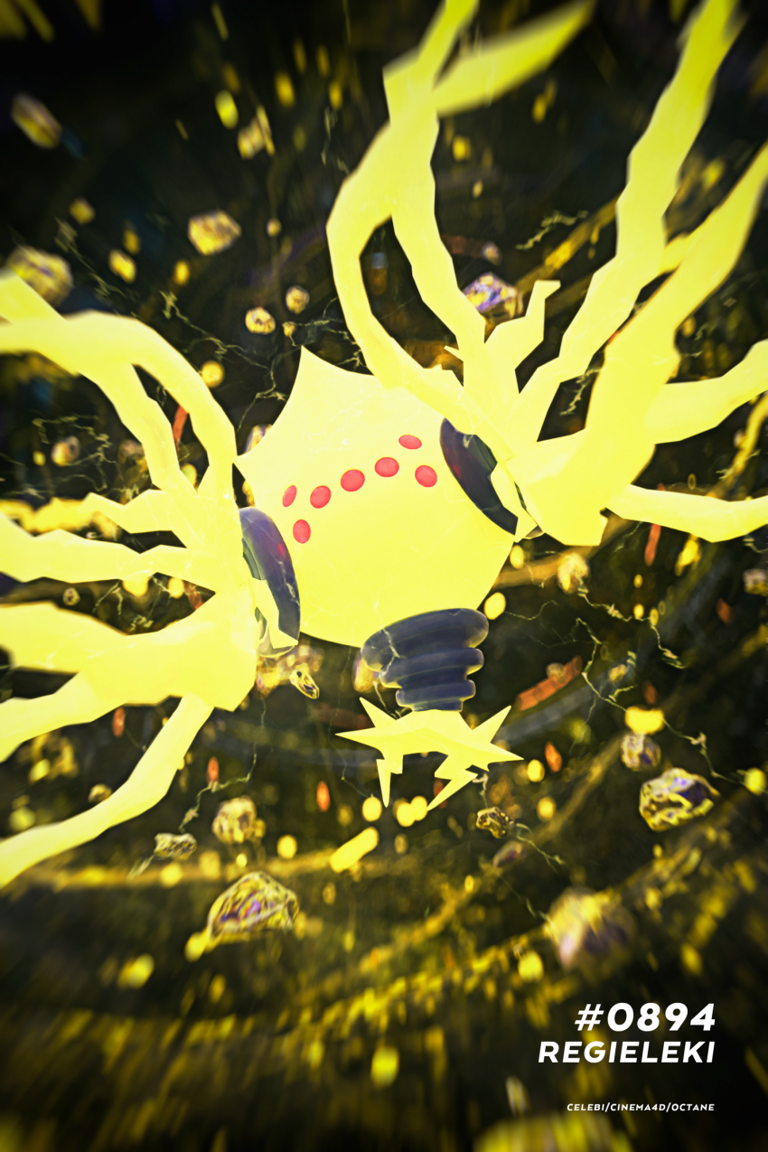 3d artist_name blurry celebi350300687 character_name cinema_4d_(medium) creatures_(company) debris electricity game_freak gen_8_pokemon highres legendary_pokemon nintendo no_humans pokedex_number pokemon pokemon_(creature) pokemon_focus regieleki solo
