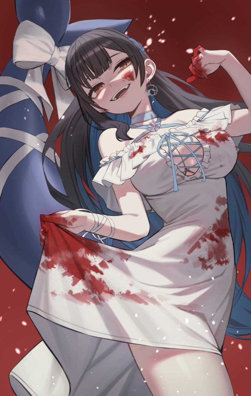 1girl :d absurdres bare_shoulders black_hair blood blood_on_clothes blood_on_face blood_on_hands blood_splatter blue_hair blunt_bangs bow breasts brown_eyes cetacean_tail choker chorogon cleavage clothes_lift cowboy_shot criss-cross_halter dress earrings evil_smile fangs fins fish_tail frills halterneck highres indie_virtual_youtuber jewelry large_breasts long_hair looking_at_viewer mole mole_under_eye multicolored_hair open_mouth red_background ribbon simple_background skirt skirt_lift smile solo sundress tail very_long_hair virtual_youtuber white_dress yona_(iotayona)