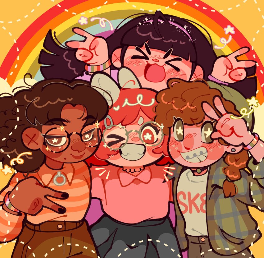 4girls abby_(turning_red) beanie black_hair braces brown_hair dark-skinned_female dark_skin earrings flower glasses group_picture hat headband highres jammy_(bunbunbewwii) jewelry long_hair meilin_lee miriam_(turning_red) multiple_girls overalls pants priya_(turning_red) purple_overalls red_hair shirt turning_red yellow_pants