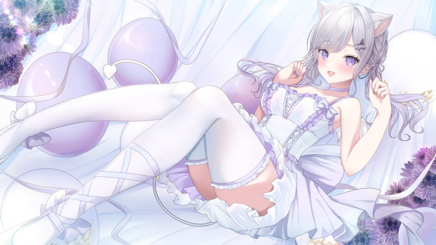 1girl animal_ears armpits balloon blush braid breasts cat_ears choker collarbone commentary_request commission demon_tail dress flower frilled_dress frills full_body grey_hair indie_virtual_youtuber kurage_cc layered_dress looking_at_viewer medium_breasts open_mouth purple_choker purple_eyes rusifu_dasi skeb_commission sleeveless sleeveless_dress solo tail thighhighs thighs twintails virtual_youtuber white_dress white_tail white_thighhighs zettai_ryouiki