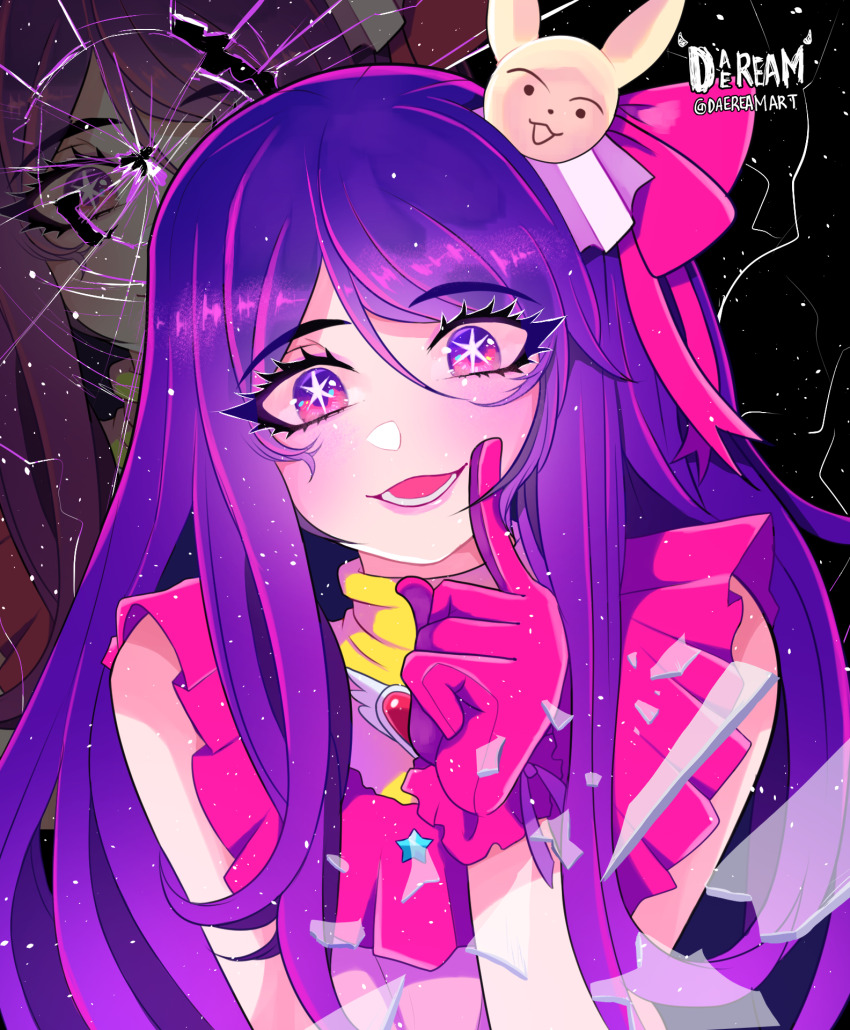 1girl artist_logo artist_name bow broken_glass colored_eyelashes daeream dress evil_smile eyelashes floral_bow_hair_ornament glass gloves hair_ornament highres hoshino_ai idol idol_clothes logo long_hair looking_at_viewer multicolored_eyes multicolored_hair open_mouth oshi_no_ko pink_bow pink_eyes pink_gloves pink_hair purple_eyes purple_hair rabbit_hair_ornament sidelocks sleeveless sleeveless_dress smile solo solo_focus star-shaped_pupils star_(symbol) symbol-shaped_pupils teeth upper_body zoom_layer
