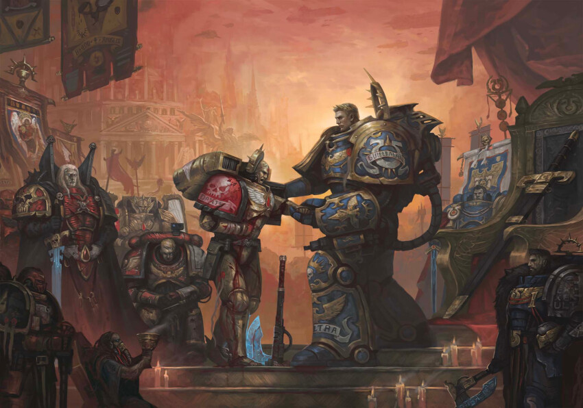 6+boys adeptus_astartes armor axe banner blonde_hair blood_angels blue_armor breastplate chalice cup dante_(warhammer_40k) death_mask gauntlets gold_headwear gold_trim greatsword helm helmet highres holding holding_weapon huge_weapon imperium_of_man jetpack kheljay laurel_crown leg_armor long_hair multiple_boys ornate ornate_armor pauldrons power_armor power_sword primarch red_armor roboute_guilliman short_hair shoulder_armor spiked_helmet sword ultramarines warhammer_40k weapon white_hair