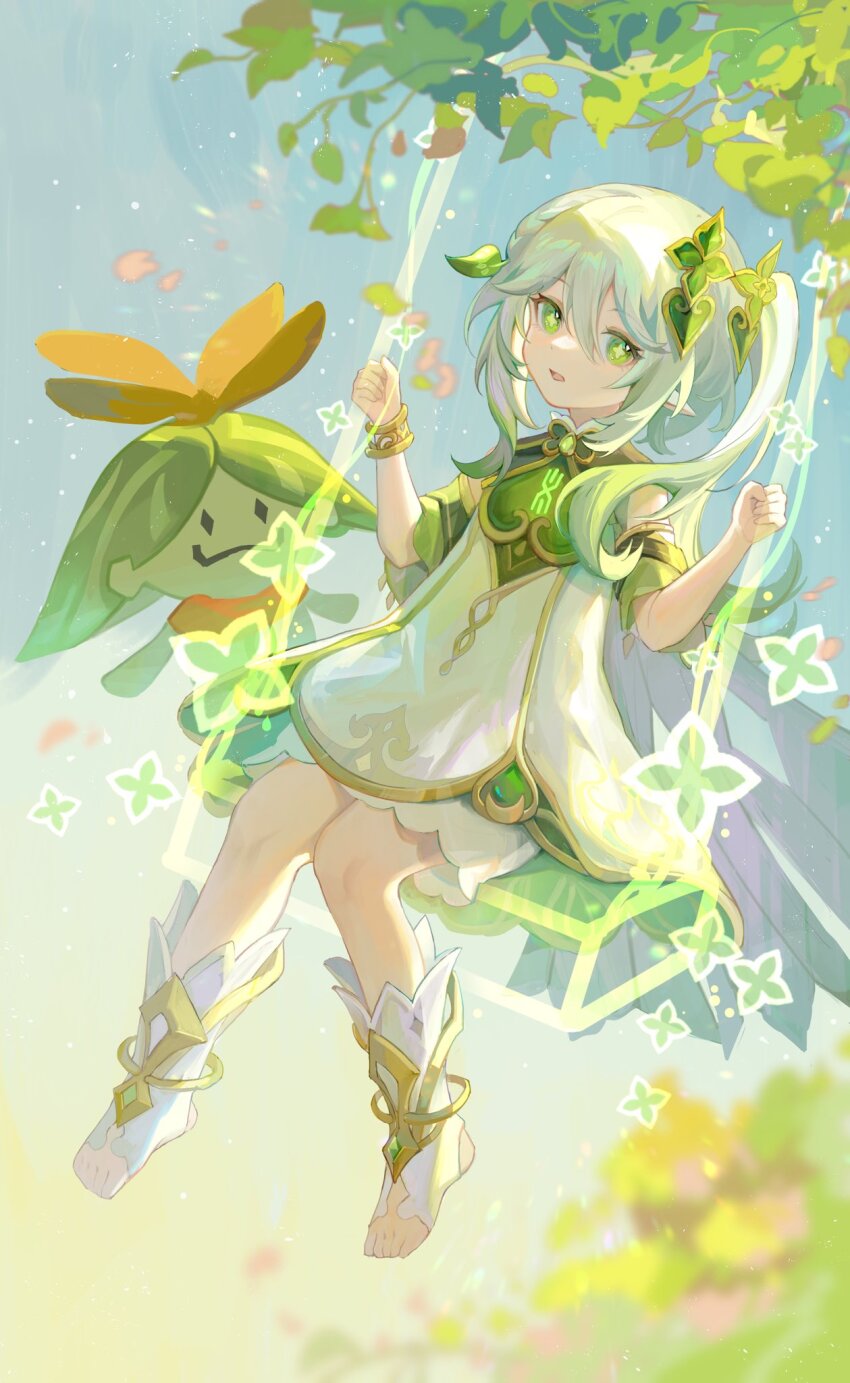 1girl akariii_ringo aranara_(genshin_impact) blurry blurry_background bracelet cape cross-shaped_pupils detached_sleeves dress genshin_impact gold_bracelet gradient_background gradient_hair green_background green_dress green_hair green_sleeves green_theme grey_cape hair_between_eyes hair_ornament highres leaf leaf_hair_ornament long_hair looking_at_viewer multicolored_hair nahida_(genshin_impact) open_mouth pointy_ears side_ponytail sidelocks stirrup_legwear swinging symbol-shaped_pupils toeless_legwear