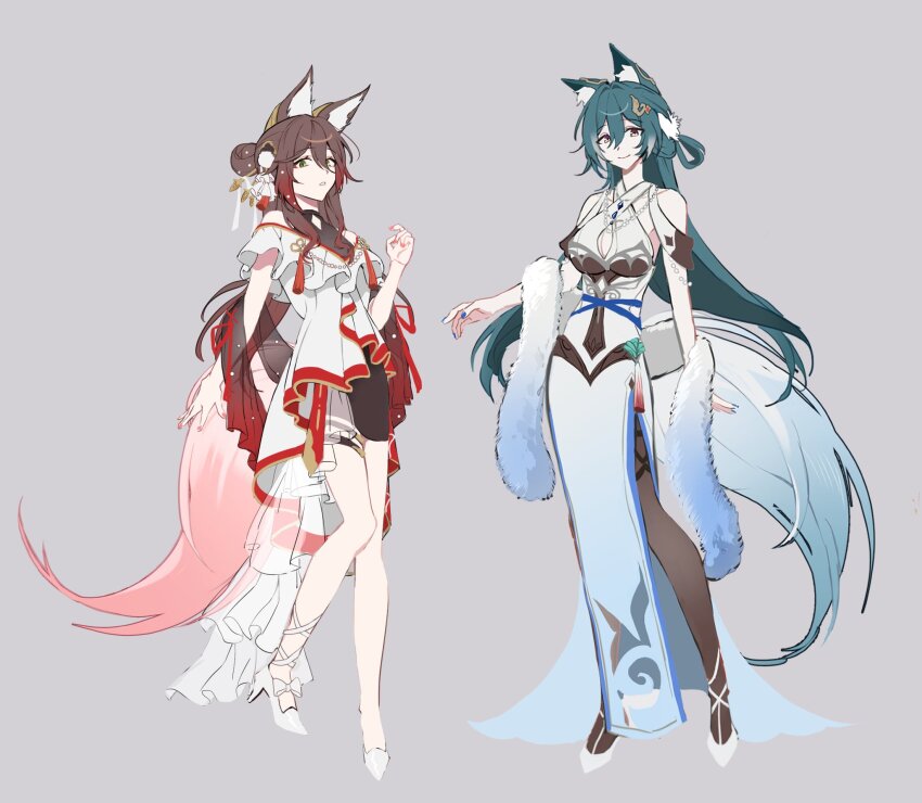 2girls alternate_costume animal_ears black_pantyhose brown_hair china_dress chinese_clothes closed_mouth dress fox_ears fox_girl fox_tail fugue_(honkai:_star_rail) full_body green_hair grey_background hair_between_eyes high_heels highres honkai:_star_rail honkai_(series) long_hair looking_at_viewer multiple_girls naroo pantyhose parted_lips shoes short_sleeves simple_background sketch smile standing tail tingyun_(honkai:_star_rail) white_shoes yukong_(honkai:_star_rail)