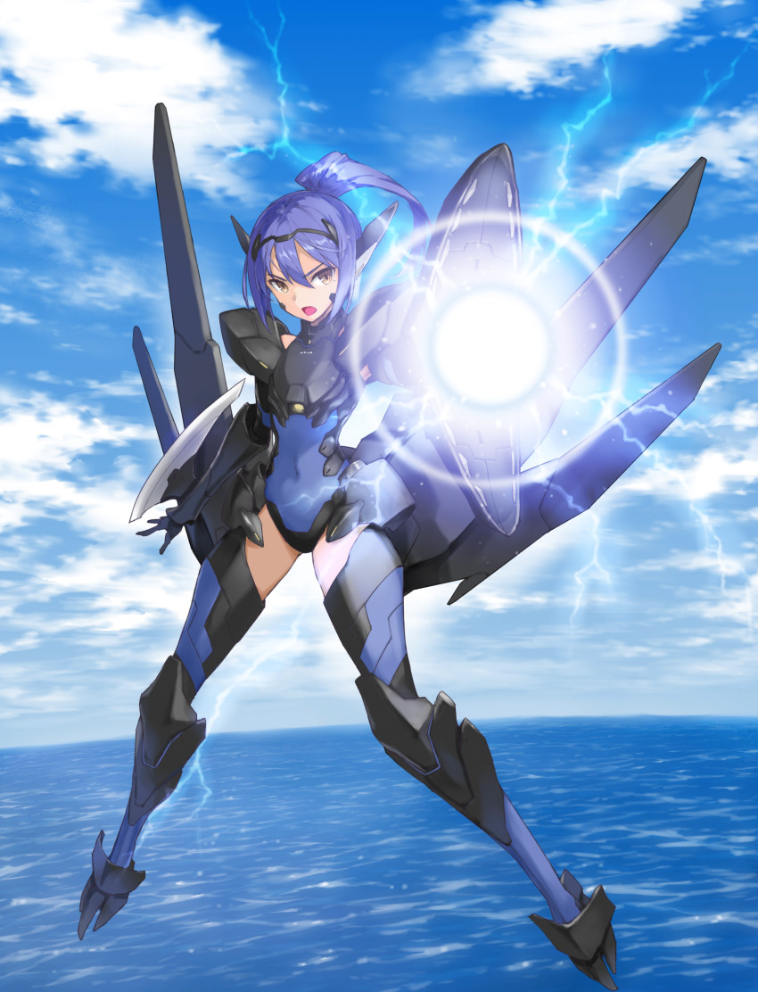 1girl absurdres aiming blue_hair blue_sky brown_eyes cloud covered_navel date_a_live electricity fantasia_re:build floating headgear highres light looking_at_viewer mecha_musume mechanical_legs mole mole_under_eye ocean official_art open_mouth outdoors ponytail sky solo takamiya_mana thighhighs third-party_source v-shaped_eyebrows
