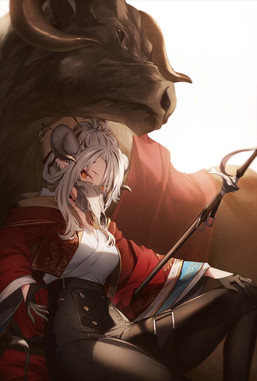 1girl animal black_gloves black_pants blush breasts bull cleavage cow_horns cow_tail ear_piercing eyeshadow genyaky gloves hair_bun hair_ornament hair_over_one_eye hair_stick high-waist_pants highres horns japanese_clothes kimono large_breasts looking_at_viewer makeup mask open_clothes orange_eyes original pants piercing pointy_ears silver_hair single_hair_bun sitting solo staff tail white_kimono