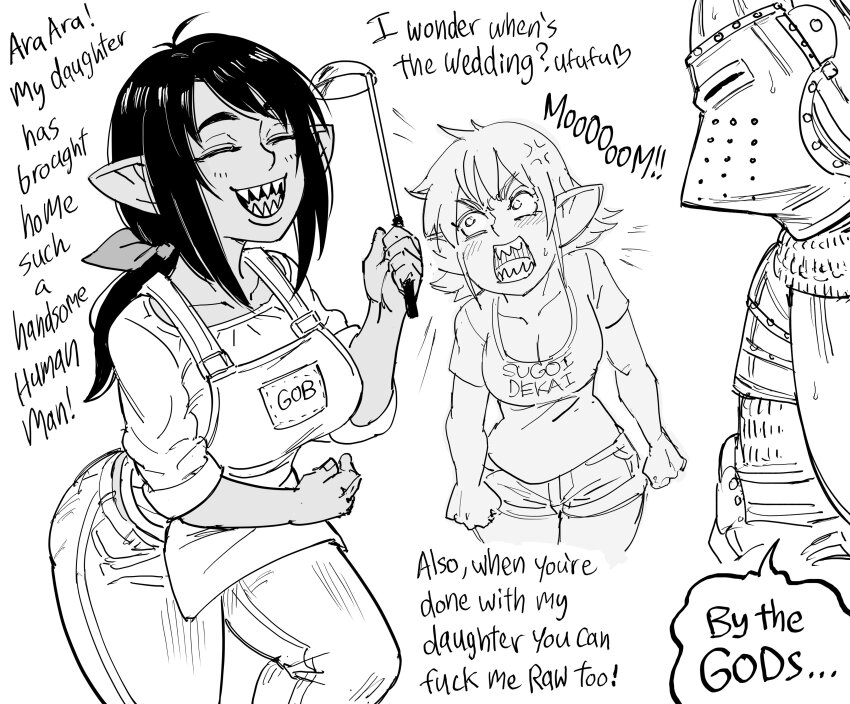 1boy absurdres anger_vein apron ara_ara armor bb_(baalbuddy) breasts cleavage colored_skin commentary denim denim_shorts english_commentary english_text female_goblin flirting full_armor goblin helmet highres holding holding_ladle jeans knight ladle large_breasts low_neckline mature_female mother_and_daughter original oyakodon_(sex) paladin paladin_(baalbuddy) pants pointy_ears short_shorts shorts shortstack sleeves_rolled_up solo_focus speech_bubble sweater