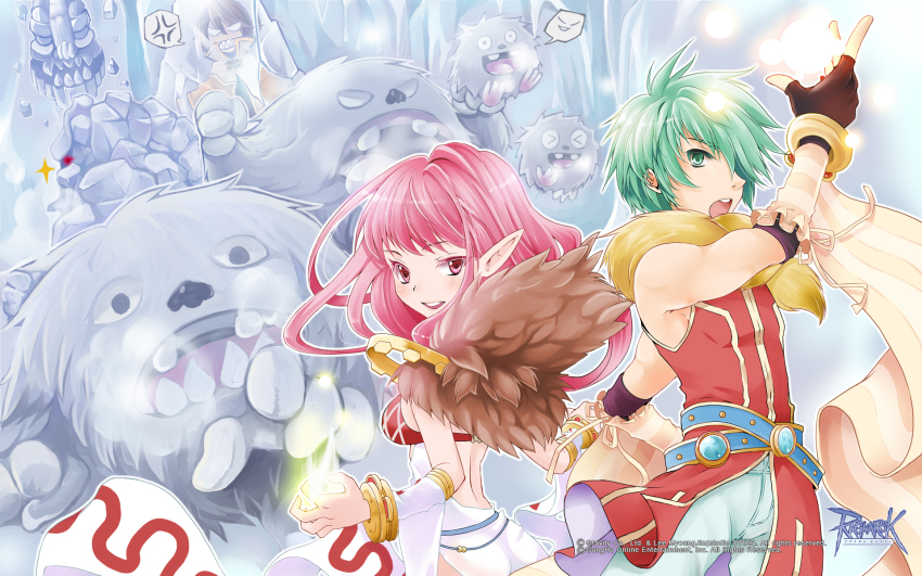 1girl 2boys anger_vein animal animal_around_neck argyle_clothes argyle_dress arima_natsubon arm_up back bangle black_gloves blush bracelet breasts brown_hair copyright_notice cowboy_shot creature detached_sleeves dress fingerless_gloves fox frozen fur_collar gazeti gloves green_eyes green_hair guest_art hair_between_eyes highres ice ice_cave ice_titan in-universe_location jewelry logo long_bangs long_hair looking_at_viewer mage_(ragnarok_online) magic medium_breasts multiple_boys official_art official_wallpaper open_mouth pink_eyes pink_hair pointy_ears professor_(ragnarok_online) ragnarok_online red_shirt sharp_teeth shirt short_hair siroma sleeveless sleeveless_shirt smile snowier sorcerer_(ragnarok_online) sparkle spoken_anger_vein striped_sleeves teeth white_dress white_sleeves yellow_sleeves