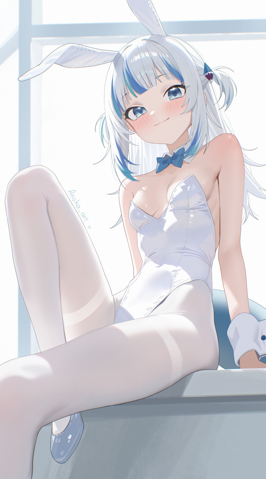 1girl absurdres animal_ear_hairband animal_ears anska bare_shoulders blue_bow blue_bowtie blue_eyes blue_hair blunt_bangs bow bowtie breasts cleavage closed_mouth commentary covered_navel detached_collar english_commentary fake_animal_ears fins fish_tail gawr_gura grey_hair hair_ornament hairband highleg highleg_leotard highres hololive hololive_english knees_up leotard long_hair looking_at_viewer multicolored_hair pantyhose playboy_bunny rabbit_ear_hairband rabbit_ears shark_girl shark_hair_ornament shark_tail shoes sitting small_breasts smile solo strapless strapless_leotard streaked_hair tail thighband_pantyhose traditional_bowtie two_side_up virtual_youtuber white_leotard white_pantyhose white_shoes white_wrist_cuffs wrist_cuffs
