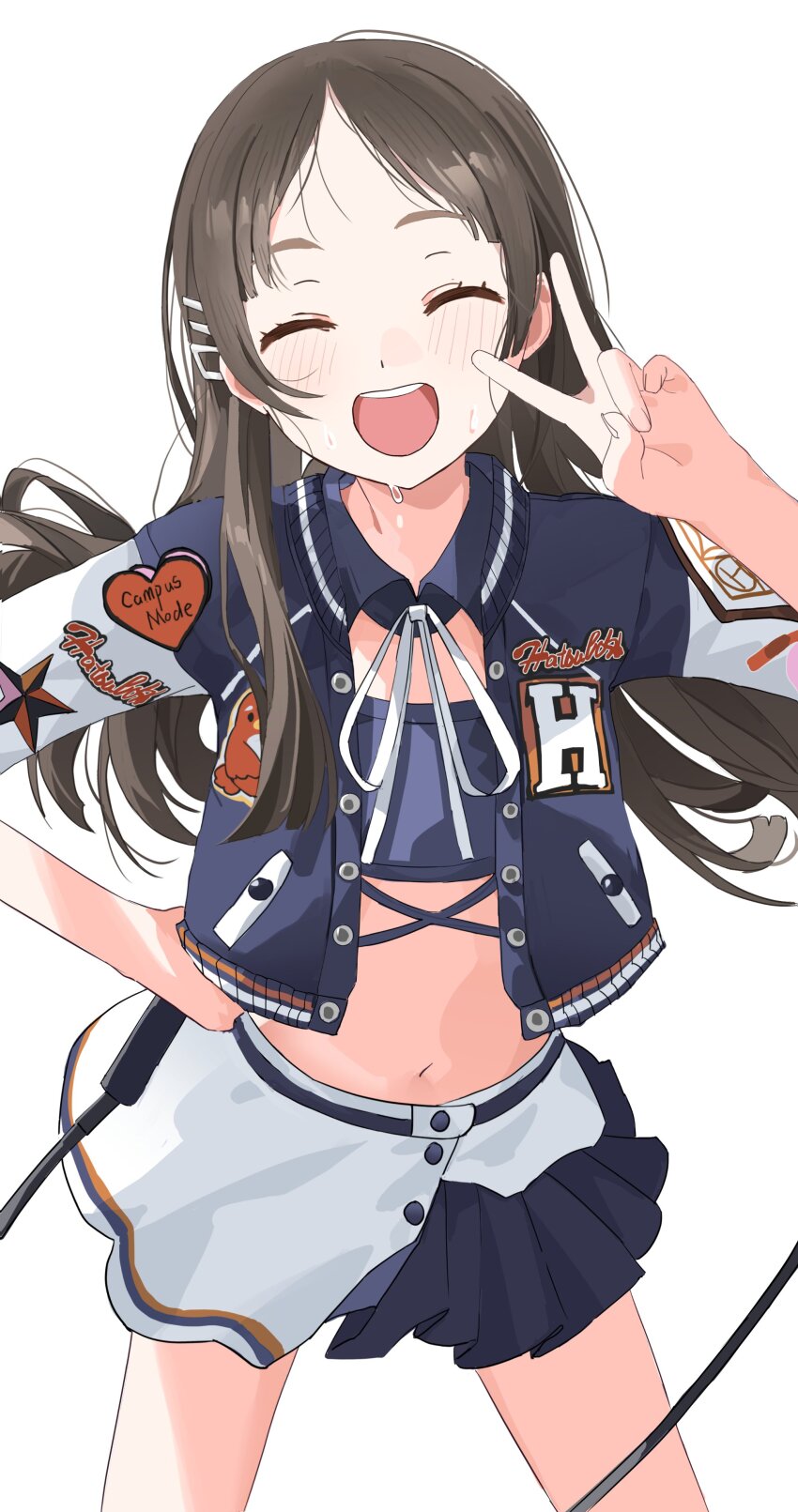 1girl absurdres blush brown_hair closed_eyes cowboy_shot crop_top eimizzzzz gakuen_idolmaster hair_ornament hand_on_own_hip highres holding holding_microphone idolmaster jacket kuramoto_china long_hair microphone midriff multicolored_jacket navel neck_ribbon open_clothes open_jacket open_mouth parted_bangs ribbon short_sleeves simple_background smile solo sweat teeth two-tone_jacket two-tone_skirt upper_teeth_only v white_background white_ribbon
