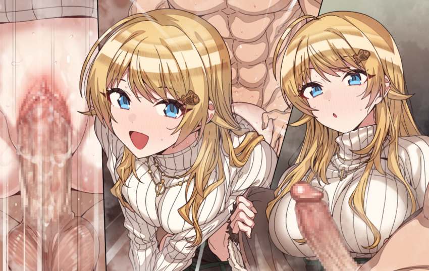 1boy 1girl :o ahoge all_fours blonde_hair blue_eyes breasts breasts_squeezed_together censored comic cum cum_in_pussy doggystyle erere hachimiya_meguru hetero idolmaster idolmaster_shiny_colors jewelry large_breasts long_hair long_sleeves mosaic_censoring muscular muscular_male necklace open_mouth penis penis_awe pussy ribbed_sweater sex sex_from_behind smile sweater swept_bangs turtleneck turtleneck_sweater white_sweater