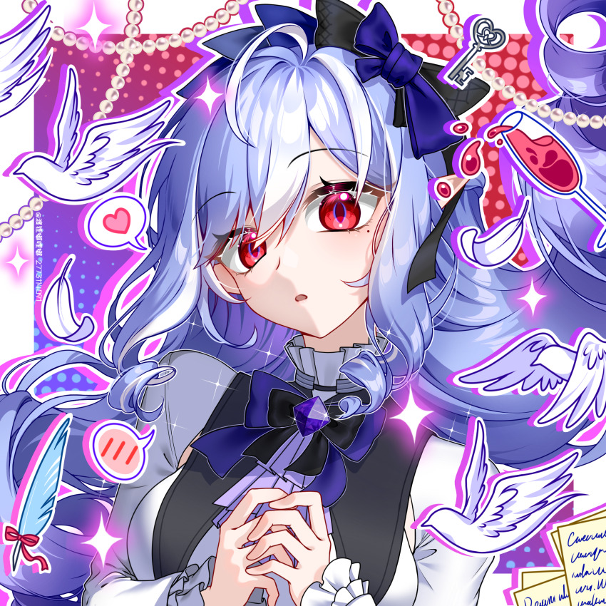 1girl ahoge ascot bird drill_hair feathers hairband highres huangshangninzheishiximaia91811 key long_hair looking_at_viewer mole mole_under_eye pointy_ears purple_ascot purple_hair purple_hairband red_eyes shrug_(clothing) upper_body vivian_banshee white_bird white_shrug zenless_zone_zero