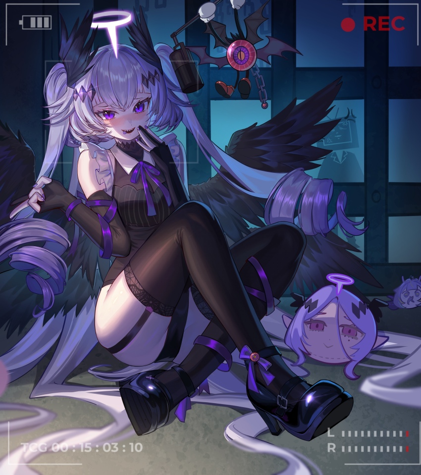 1girl absurdres apron battery_indicator bilibili black_leotard black_shoes black_thighhighs black_wings blush breasts bridal_gauntlets character_request chinese_commentary cleavage collared_leotard colored_tongue commentary_request crossed_legs detached_sleeves drill_hair elbow_sleeve full_body garter_straps hair_between_eyes halo hand_on_own_face head_wings high_heels highres indie_virtual_youtuber leotard long_hair low_wings maid maid_apron maid_leotard multiple_wings naughty_face neckerchief prison purple_eyes purple_hair purple_halo purple_neckerchief recording sharp_teeth shiny_footwear shoes sitting slit_pupils small_breasts smile solo teeth thighhighs timestamp tongue tongue_out two_side_up unconventional_maid upper_teeth_only user_interface v very_long_hair virtual_youtuber wangmou_zilaojuan wings xiao_dianshi