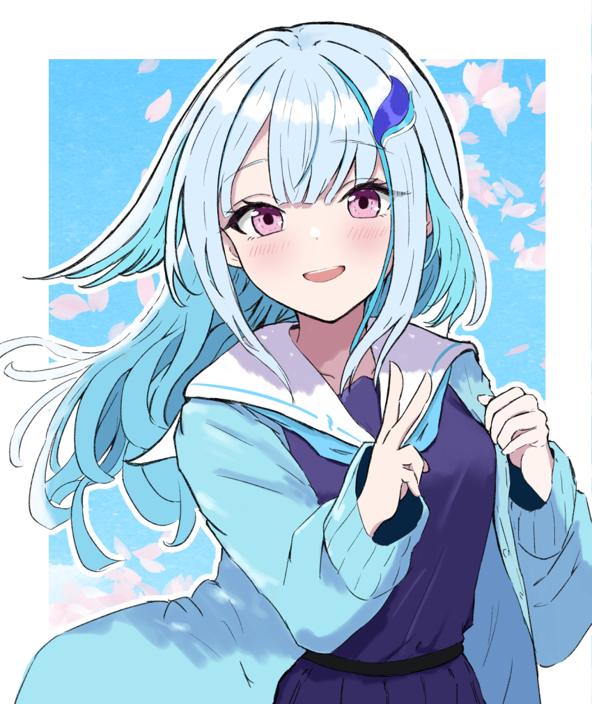 1girl ahoge aqua_cardigan aurora12e0465 blue_cardigan blue_hair blue_ribbon blue_serafuku blue_shirt blunt_bangs blush bow breasts cardigan cherry_blossoms colored_inner_hair hair_ornament highres lize_helesta lize_helesta_(4th_costume) long_hair long_sleeves looking_at_viewer multicolored_hair neckerchief_between_breasts nijisanji open_cardigan open_clothes open_mouth purple_eyes ribbon sailor_collar school_uniform serafuku shirt simple_background skirt smile solo two-tone_hair v virtual_youtuber white_sailor_collar